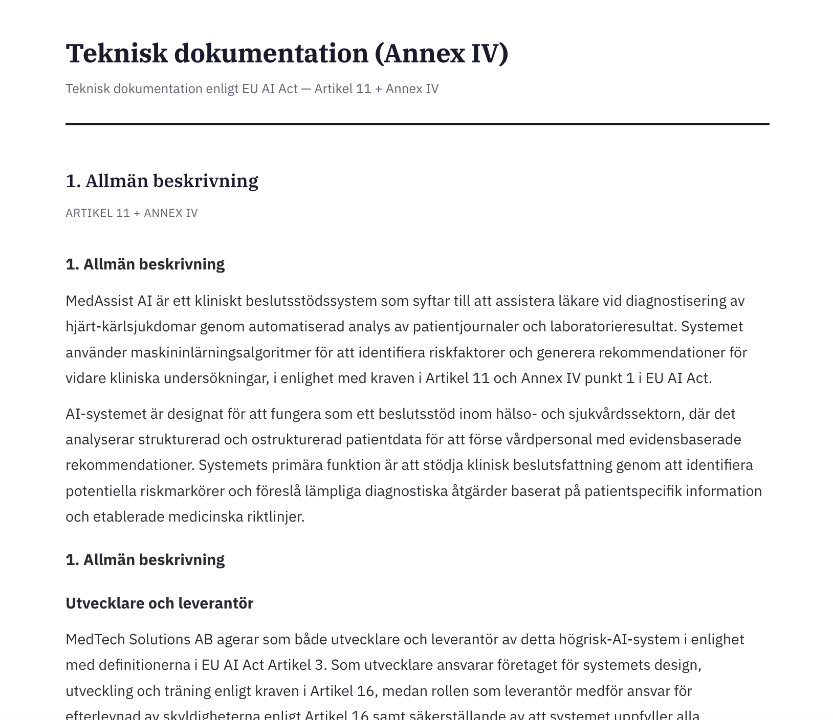 Example of technical documentation (Annex IV) generated by EU Compliance AI
